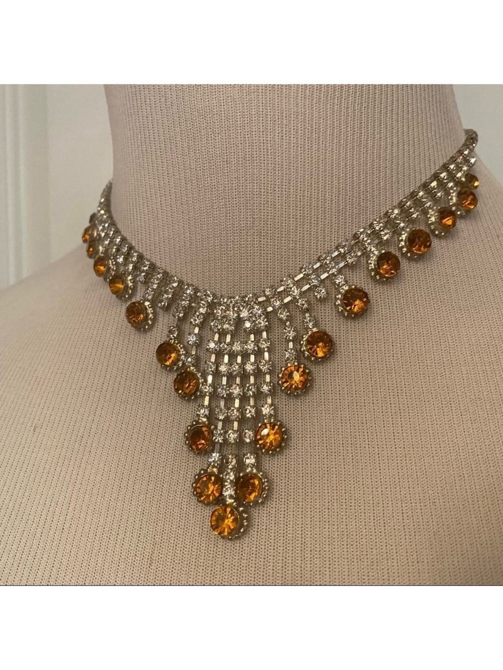 NECKLACE VINTAGE CHOKER RHINESTONES CLEAR AND GOLDEN TOPAZ STATEMENT 17” JEWELRY